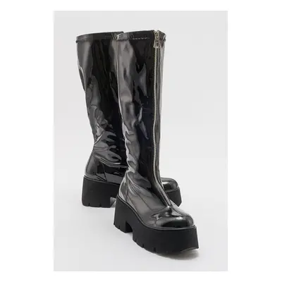 LuviShoes AMARONTE Black Patent Leather Thick Sole Women's Boots