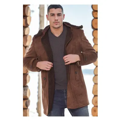 PLT8399 DEWBERRY SUEDE LOOK MEN'S COAT-PLAIN BROWN