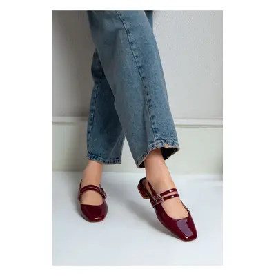 NİŞANTAŞI SHOES Gabriella Claret Red Patent Leather Toe Double Belt Detail Short Heeled Women's 