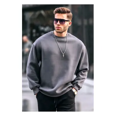 Madmext Smoked Crewneck Oversized Men's Charcoal Basic Sweatshirt