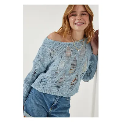 Happiness İstanbul Women's Sky Blue Boat Neck Seasonal Openwork Knitwear Sweater