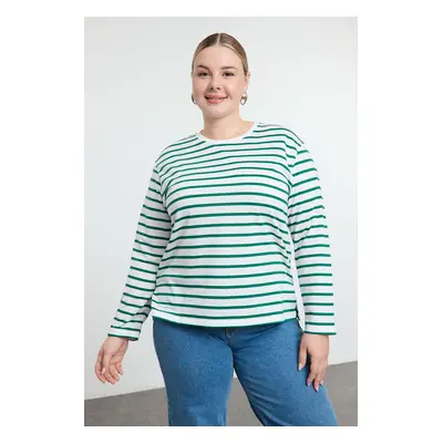 Trendyol Curve Green Crew Neck Striped Knitted Sweatshirt