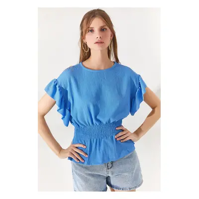 Olalook Women's Blue Bat Blouse with Elastic Waist and Frilly Sleeves