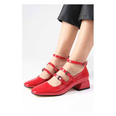 Mio Gusto Baylee Red Color Patent Leather 3-Stripes Women's Flat Toe Short Heeled Shoes