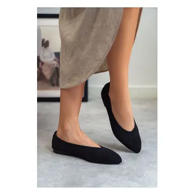 NİŞANTAŞI SHOES Betty Black Knitwear Patterned Flat Sole Women's Ballerinas