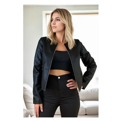 99098 Dewberry Plain Women PU Jacket-BLACK