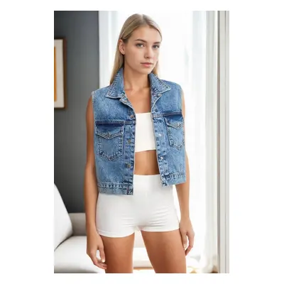 16140 Dewberry Women Denim Vest Jacket-BLUE