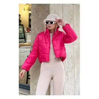 Trend Alaçatı Stili Dámské Fuchsie Vysoký Výstřih Dvojitá Kapsa Elastický Pas Puffer Puffer Coat