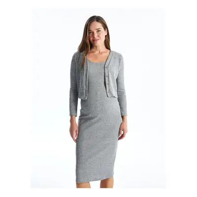 LC Waikiki Gray Melange Crew Neck Women's Dress and Cardigan Set