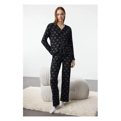 Trendyol Black-Multicolored Brushed Soft Ribbon/Bow Ribbed Cardigan Knitted Pajama Set