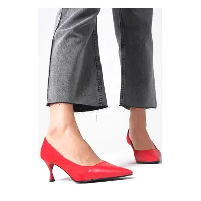 Mio Gusto Lina Women's Red Color Suede And Leather Combination Heeled Shoes.