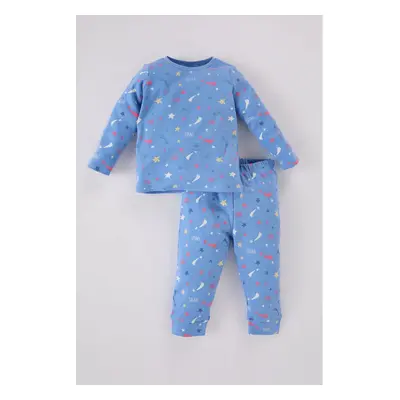 DEFACTO Baby Girl Pajama Set Star Patterned Long Sleeve Top Elastic Waist Long Bottom