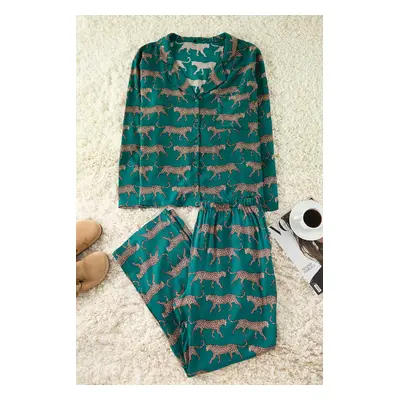 Trendyol Curve Emerald Green Shirt Collar Tiger Patterned Woven Pajama Set