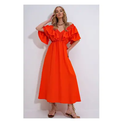 Trend Alaçatı Stili Women's Coral Collar Gimped and Flounced Waist Belted Midi-Weaving Dress