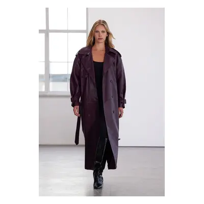 Trendyol Limited Edition Burgundy Belted Oversize Faux Leather Trench Coat