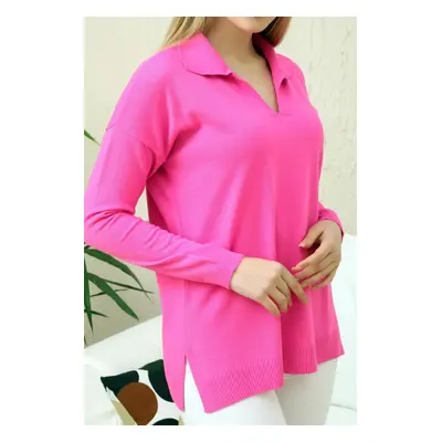 83295 Dewberry Polo Neck Long Sleeve Slit Sweater-FUCHSIA