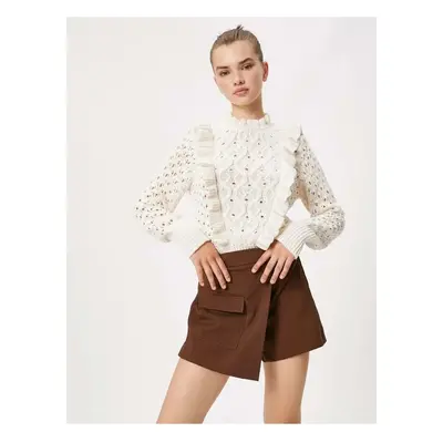 Koton Knitwear Sweater Frilly Openwork Vertical Round Neck