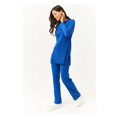 Olalook Women's Saxe Blue Top Slit Blouse Bottom Palazzo Ribbed Suit