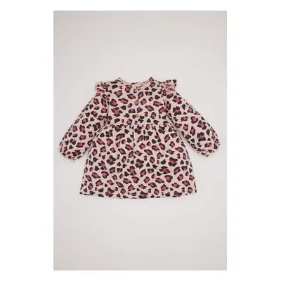 DEFACTO Baby Girl Leopard Print Crew Neck Button Long Sleeve Dress