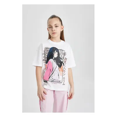 DEFACTO Girl Oversize Wide Pattern Crew Neck Printed Short Sleeve T-Shirt