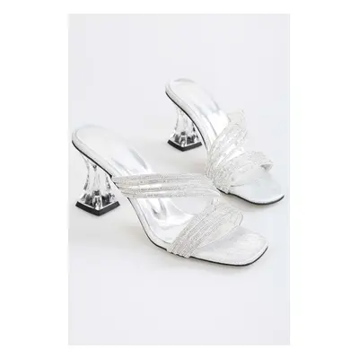 Shoeberry Women's Bien Silver Plated Stone Heeled Slippers