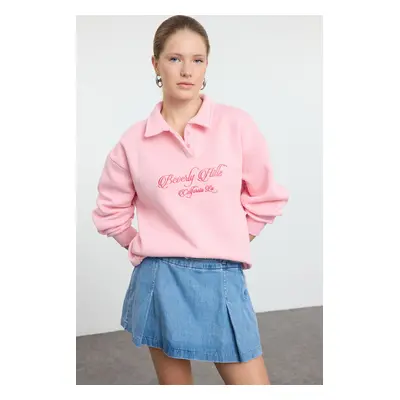 Trendyol Light Pink Shirt Collar Embroidered Regular Fit Thick Polar Fleece Knitted Sweatshirt