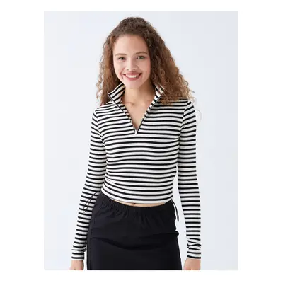 LC Waikiki XSIDE Ecru Stand Collar Striped Long Sleeve Women's Crop