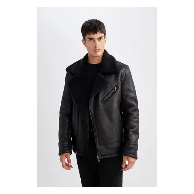 DEFACTO Slim Fit Coat Jacket Slim Fit Faux Für Lined Zipper Faux Leather