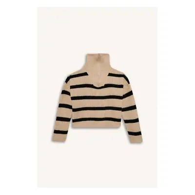 DEFACTO Girls' Standard Fit Stand Collar Zip-Up Striped Knitwear Sweater