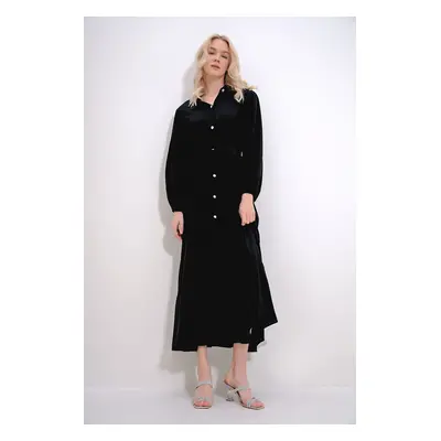 Trend Alaçatı Stili Women's Black Shirt Collar Stone Button Detailed Skirt Frilly Woven Viscose 