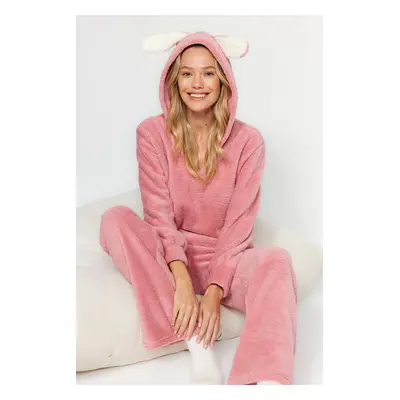 Trendyol Pink Wellsoft Hooded Ear Detailed Winter Knitted Pajamas Set