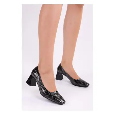 Shoeberry Women's Brazen Black Patent Leather Crocodile Daily Heel Shoes