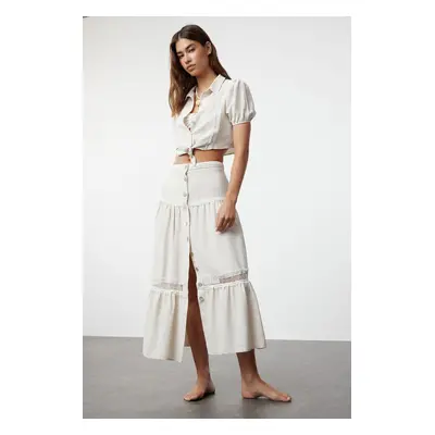 Trendyol Beige Midi Linen Look Skirt with Woven Ribbon Accessories