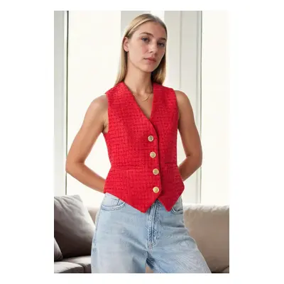 32534 Dewberry Metal Button Detailed Tweed Women Vest-RED