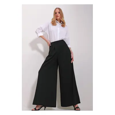 Trend Alaçatı Stili Women's Black High Waist Darts Wide Leg Front Zipper Trousers