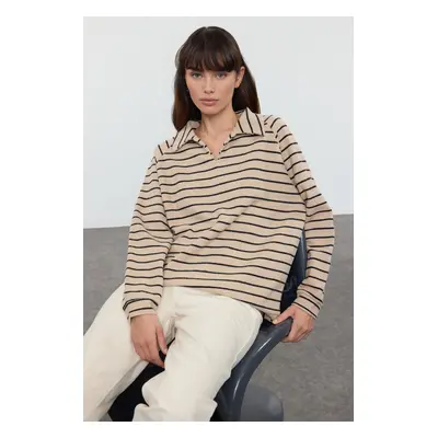 Trendyol Beige*001 Striped Oversize/Wide Pattern Thessaloniki Polo Collar Knitted Sweatshirt