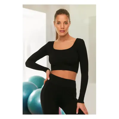 Trendyol černý bezešvý/bezšvový crop extra pružný pletený sportovní top/halenka