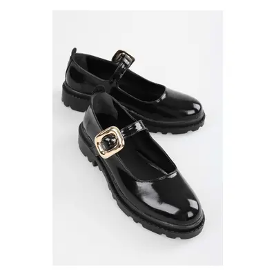 Shoeberry Women's Ophelia Black Patent Leather Daily Ballerinas with Gold Buckle