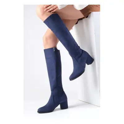 Mio Gusto Bella Navy Blue Side Zipper, Thin Faux Für Lined Women's Heeled Boots