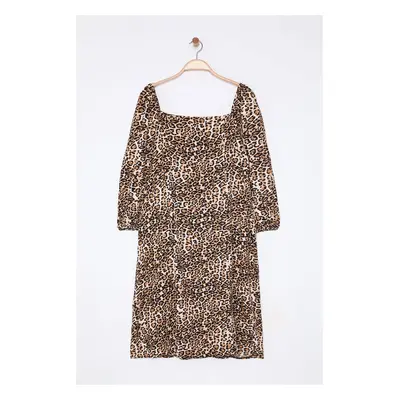 Trendyol Curve Multicolored Leopard Print Balloon Long Sleeve Woven Plus Size Midi Dress