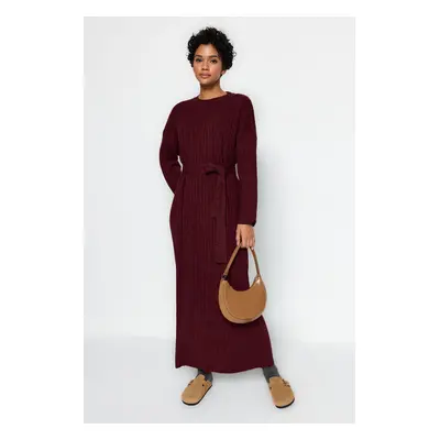 Trendyol Burgundy Belted Rib Knit Dress