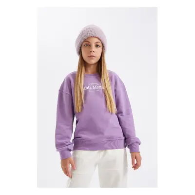 DEFACTO Girls Purple Crew Neck Text Printed School Sweatshirt