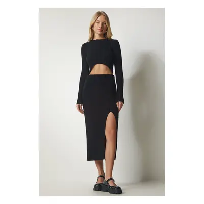 Happiness İstanbul Women's Black Ribbed Crop Skirt Knitwear Suit