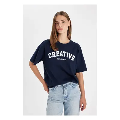 DEFACTO Oversize Fit Wide Pattern Crew Neck Slogan Printed Short Sleeve T-Shirt