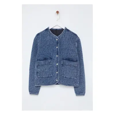 Trendyol Blue Textured Pocket Detailed Oversize Denim Jacket