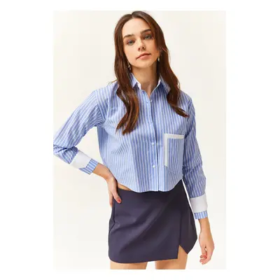 Olalook Women's Blue White Pocket and Cuff Detail Striped Crop Shirt