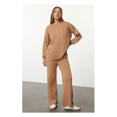 Trendyol Camel Wide Pattern Balloon Sleeve Knitwear Bottom-Top Set