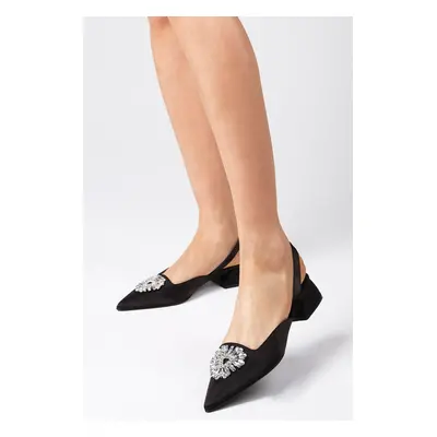 Mio Gusto Claudia Black Women's Short Heeled Shoes Open Back Satin Fabric With Crystal Stone Buc