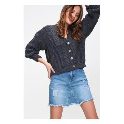 Trend Alaçatı Stili Dámské Antracit V-Neck Knoflíky Pletená doba Cardigan