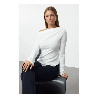 Trendyol Ecru Draped Boat Neck Asymmetric Flexible Knitted Blouse